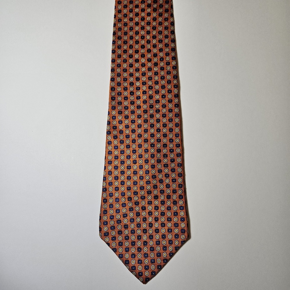 Honors Mens Silk Tie Orange Blue Geometric Floral Pattern Traditional Necktie